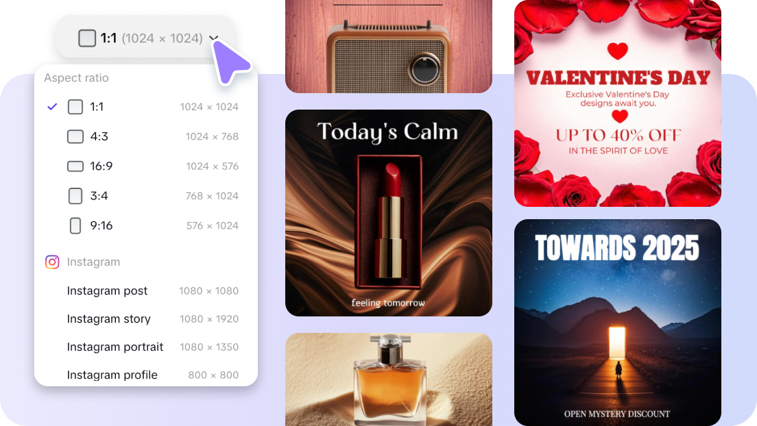Erilaisia julistepohjia säädettävillä kuvasuhteilla